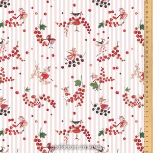 May include: A patterned fabric with a repeating design of red currants and small figures in dresses. The background has vertical pink and white stripes. The text "acufactum UTE MENZE" is visible at the bottom.