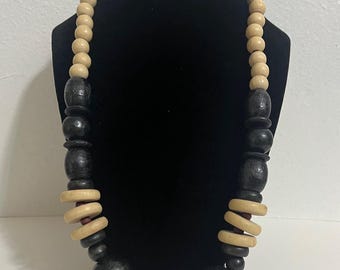 Chunky Wooden Bead Statement Necklace, Black Natural Boho Ethnic Jewelry
