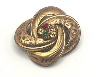 Victorian Gold Filled Lovers Knot Brooch, Red & Green Paste Stones