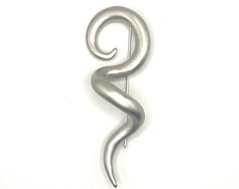 Vintage 80s Brushed Silver Tone Abstract Squiggle Brooch Pin Large Modernist