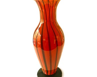 Vintage Murano Vase in Orange with Black Stripes Made in Italy