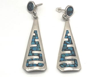 Vintage Taxco Mexico sterling silver and inlaid turquoise trapezoid dangle earrings