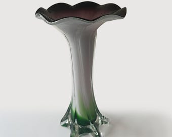 Vintage Swung Art Glass Vase Calla Lily With Twist Cased Green Purple White