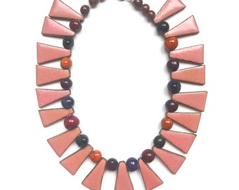 Vintage Enameled Leather and Bead Bib Necklace