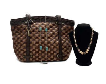 Vintage Woven Fossil Tote HandBag Paired With Vintage Anne Taylor Loft Necklace