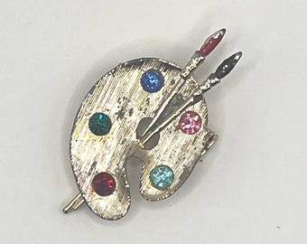 Vintage 1950s Artist Palette Gold Toned w/Multi Colored Rhinestone Pin