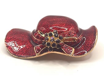Vintage Red Hat Society Brooch, Enamel Ribbon, Crystals Hat Band