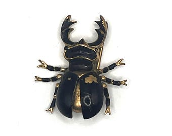 Rare Vintage Black and Gold Stag Beetle Brooch Pin