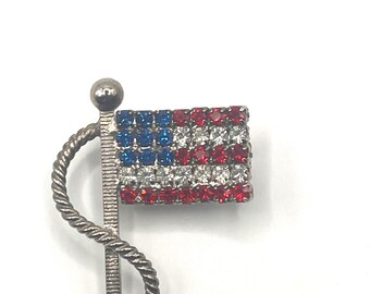 Set of 3 American Flag Pins Rhinestone Studded Heart Shaped