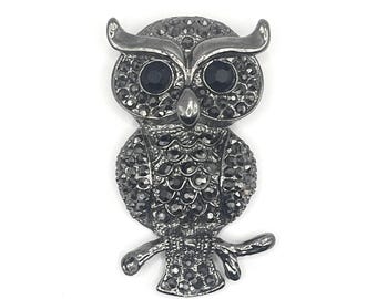 Crystal Rhinestone Owl Brooch Pin Hermatite