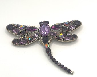 Purple Rhinestone Dragonfly Brooch Pin 3.75” Item