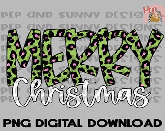 Merry Christmas Design Pink and Green Leopard | PNG Digital Download | Sublimation Design