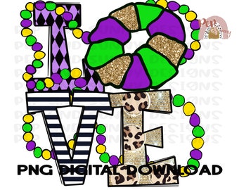 Love Mardi Gras | King Cake | Beads | Hand Drawn | PNG Digital Download | Sublimation Design