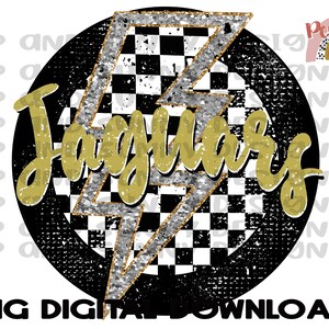 Jaguars Gold Distressed Karierter Blitz | Kariert | Glitzer | Spirit Tee | Beunruhigt | PNG Digitaler Download | Sublimationsdesign