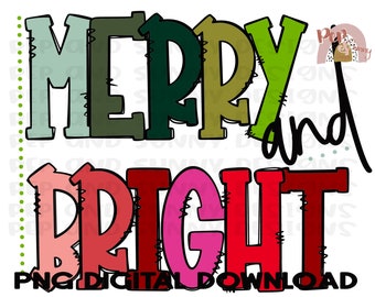 Merry and Bright | Christmas | Doodle Design | PNG Digital Download | Sublimation Design