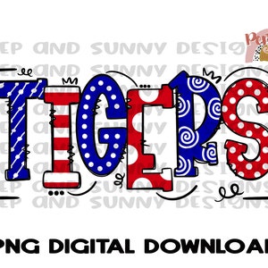 Tigers Royal Blue and Red Doodle Design | Spirit Tee | PNG Digital Download | Sublimation Design
