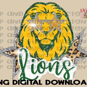 Leones / Oro amarillo Brillo verde / Ojos de estrella / Angustiado / Camiseta de espíritu / Descarga digital PNG / Diseño de sublimación