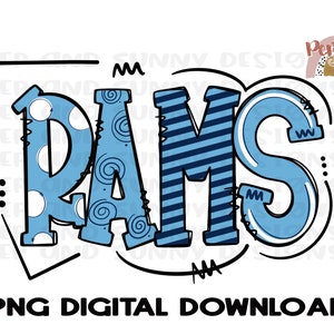 May include: Blue and white graphic design with the word "RAMS" in a bold, stylized font. The letters are decorated with different patterns, including polka dots, swirls, and stripes.