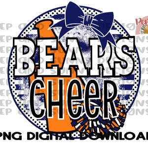 May include: A blue and white circle with the words "BEARS CHEER" in white and black lettering. A blue bow with white polka dots is at the top of the circle. A orange and white megaphone is in the bottom of the circle.