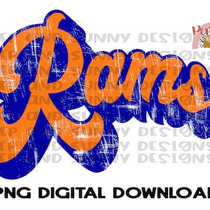 Rams Retro Design Orange and Royal Blue | Distressed | Spirit Tee | PNG Digital Download | Sublimation Design