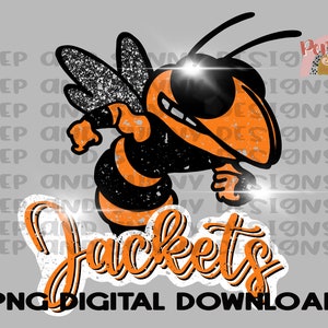May include: A digital download of a black and orange bee mascot with the word "Jackets" in orange and white text. The bee is in a flying pose with its wings spread out. The background is a light gray color.
