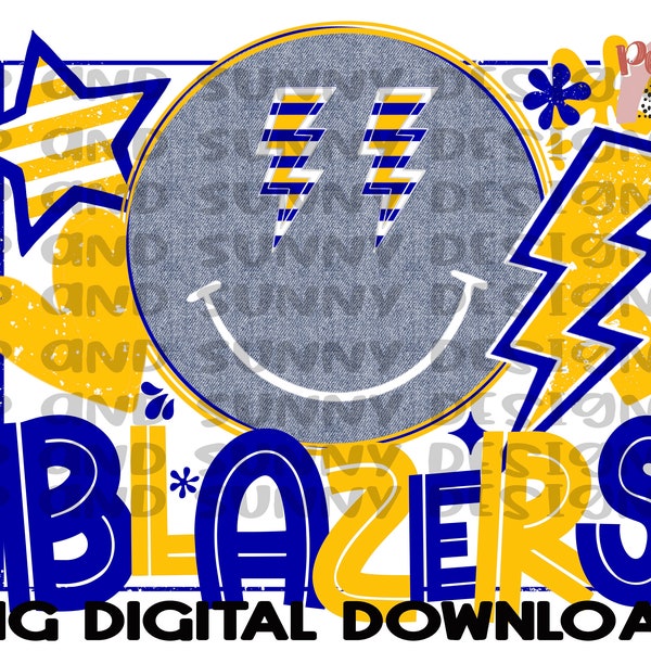 Blazers Royal Blue Yellow Gold Smile Denim Lightning Bolt Stars Collage Distressed Spirit Design | PNG Digital Download | Sublimation Design