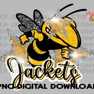 May include: A digital download of a graphic design featuring a cartoon bee with a star on its head. The bee is yellow and black with a silver glitter effect. The text "Jackets" is written in black and gold letters with a silver glitter effect. The background is a gray color.