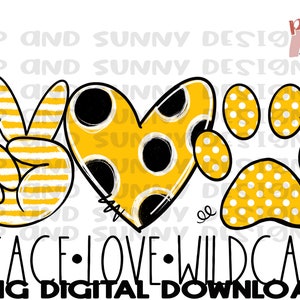 Peace Love Wildcats / Disegnato a mano / Spirit Tee / Download digitale PNG / Sublimation Design
