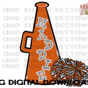 Custom Cheer Name |  Cheerleader Design | Hand Drawn | Pom Poms | Megaphone | PNG Digital Download | Sublimation Design