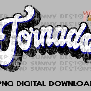 Peut inclure: Un design graphique délabré blanc et bleu avec le mot "Tornade" dans une police rétro.