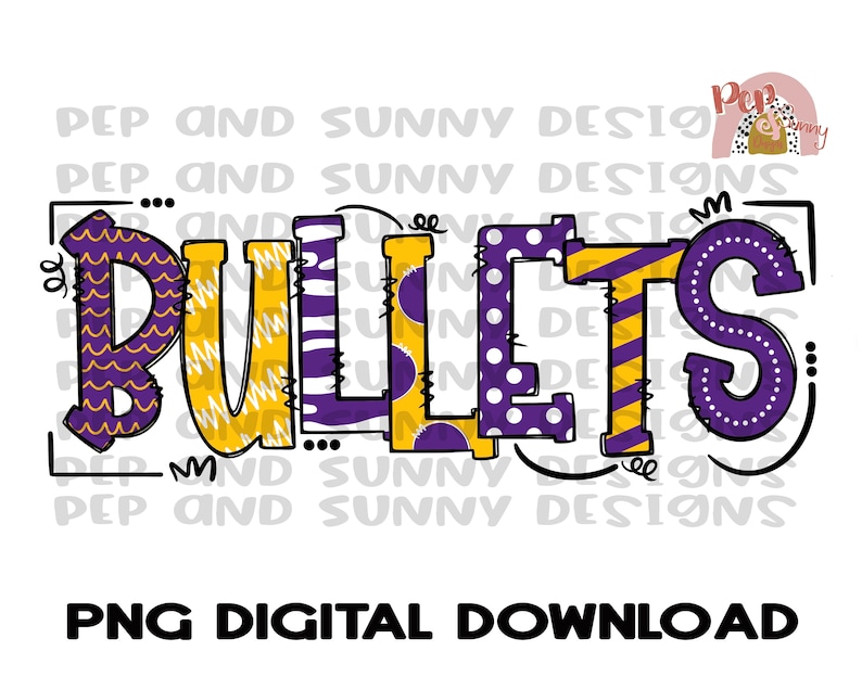 Lettering With Bullets Bullets Yellow Gold and Purple Doodle Design | Mascot | Spirit Tee ...