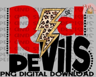 Red Devils / Leopard Lightning Bolt / Spirit Tee / PNG Digital Download / Diseño de sublimación