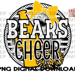May include: Black and yellow graphic with the words "BEARS CHEER" in a bold font. The graphic features a yellow megaphone, a yellow bow, and a yellow and white pom-pom.