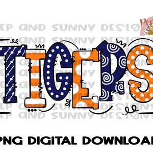 Tigers | Navy Blue Doodle Design | Spirit Tee | PNG Digital Download | Sublimation Design