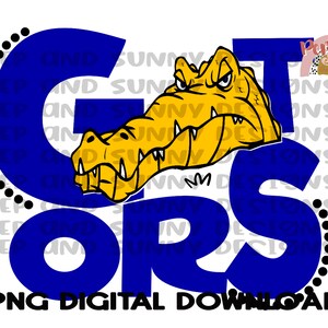 May include: Blue and yellow graphic design with the word "GATORS" in large, bold letters. The letter "O" is replaced with a cartoon alligator head.