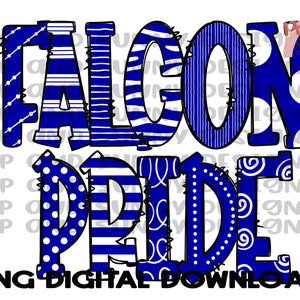 May include: Blue and white graphic design with the words "Falcon Pride" in a variety of patterns. The letters are outlined in black.