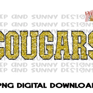 Könnte beinhalten: Goldener Glitzer-Text "COUGARS" mit schwarzem Umriss. Der Text ist in einer Schriftart im College-Stil.