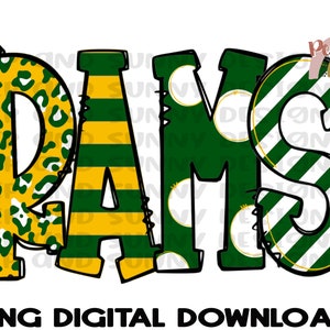May include: A digital download of a graphic design featuring the word "RAMS" in green, yellow, and white stripes, leopard print, and polka dots.
