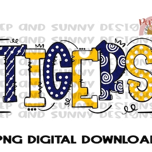 Tigres azul marino y oro amarillo Doodle Diseño / Spirit Tee / PNG Descarga digital / Diseño de sublimación