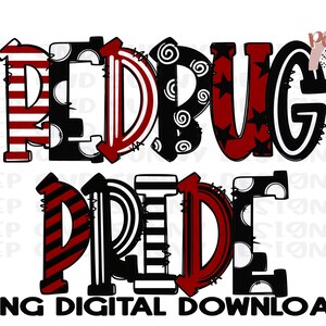 May include: Red and black graphic design with the text "Redbug Pride". The design features a variety of patterns, including stripes, polka dots, and swirls.