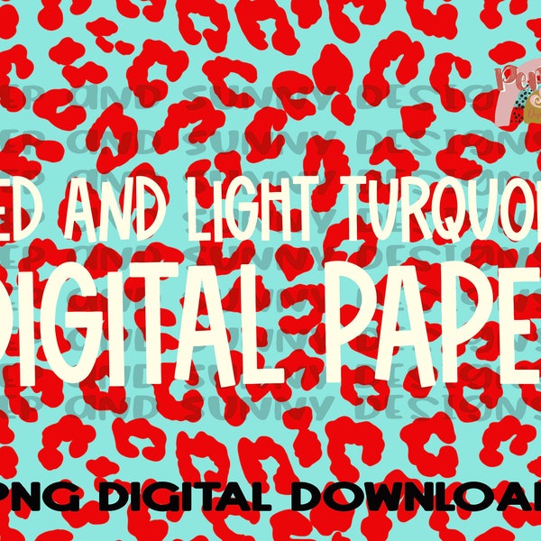 Red and Light Turquoise Leopard Digital Paper | Leopard | Hand Drawn | PNG Digital Download | Sublimation Design