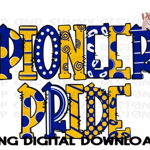 Pioneer Pride | Doodle Design | Royal and Yellow | Spirit Tee | PNG Digital Download | Sublimation Design
