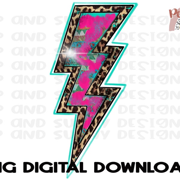Leopard Lightning Bolt | Hot Pink | Turquoise | PNG Digital Download | Sublimation Design