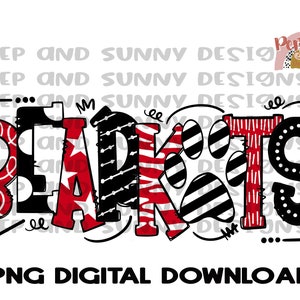 May include: Red, black, and white digital download graphic with the word "Bark" in a stylized font. The letters are decorated with polka dots, stripes, and animal print patterns. The word "KITS" is written in a similar style with paw prints.