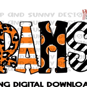 Könnte beinhalten: Ein digitaler Download eines Grafikdesigns mit dem Wort "Paws" in Orange, Schwarz und Weiß. Die Buchstaben sind mit Leopardenmuster, Streifen und orangefarbenen Kreisen verziert.