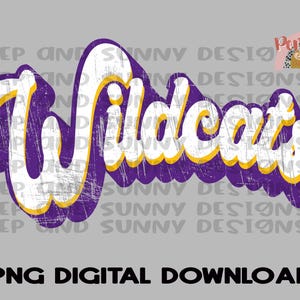 Wildcats Retro Design Distressed Violet Jaune Or Blanc | Design de t-shirt Spirit | Téléchargement numérique PNG | Conception par sublimation