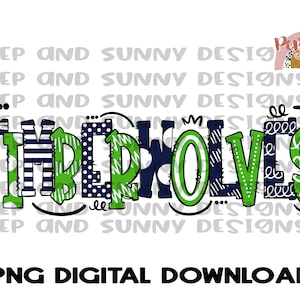 May include: A digital download of a graphic design featuring the word "Timberwolves" in a patchwork style with green, blue, and white stripes, polka dots, and zigzags.