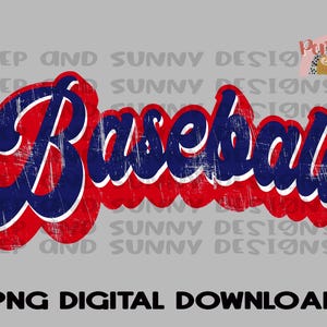 May include: Red and blue distressed graphic with the word "Baseball" in a retro font.