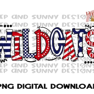 Griffonnage bleu marine et rouge Wildcats | Design de t-shirt Spirit | Téléchargement numérique PNG | Conception par sublimation