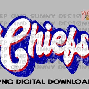 Diseño retro de los Chiefs en azul rey desgastado, rojo y blanco / Diseño de camiseta Spirit / Descarga digital PNG / Diseño de sublimación